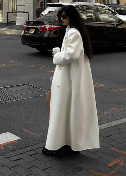 Wit Oversized Dames Lange Mantel Jas met Reverskraag