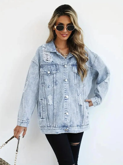 Women's Oversized Denim Jacket with Edgy Look and Snap Button Closure