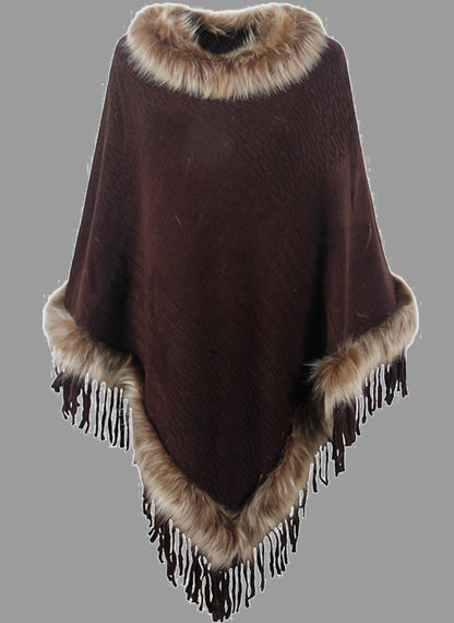 Stijlvolle Elegante Dames Poncho met Bontkraag en Franjes