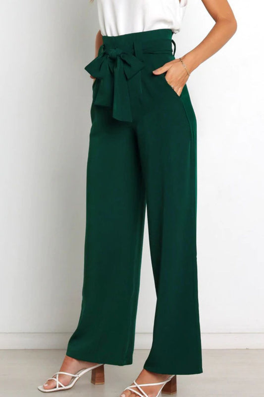 Fenna | Hoge Taille Paperbag Broek met Strikdetail – Woud