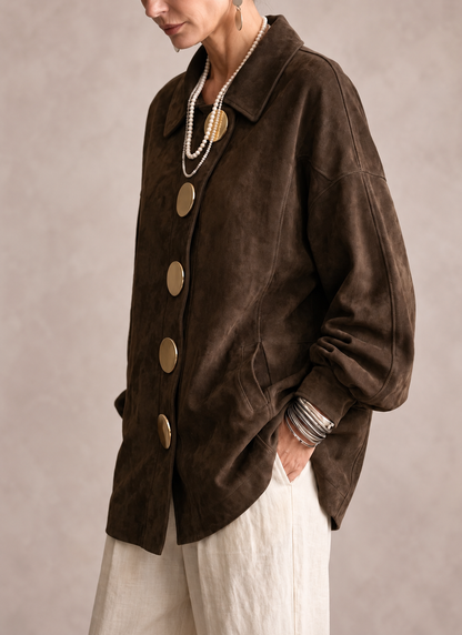 Luchtige Suède Look Dames Shacket met Asymmetrische Knoopsluiting