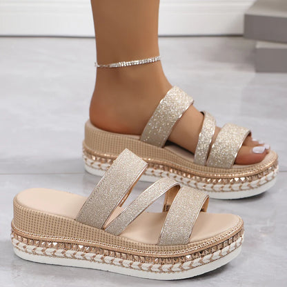 Stylish Women's Gold Platform Sandals with Buckle and Braided Edge