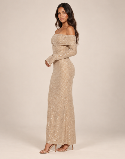 Glinsterende Dames Maxi Jurk met Off-Shoulder Hals en Lange Mouwen