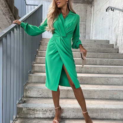 Hana | Elegante Midi-jurk met Diepe V-hals en Split