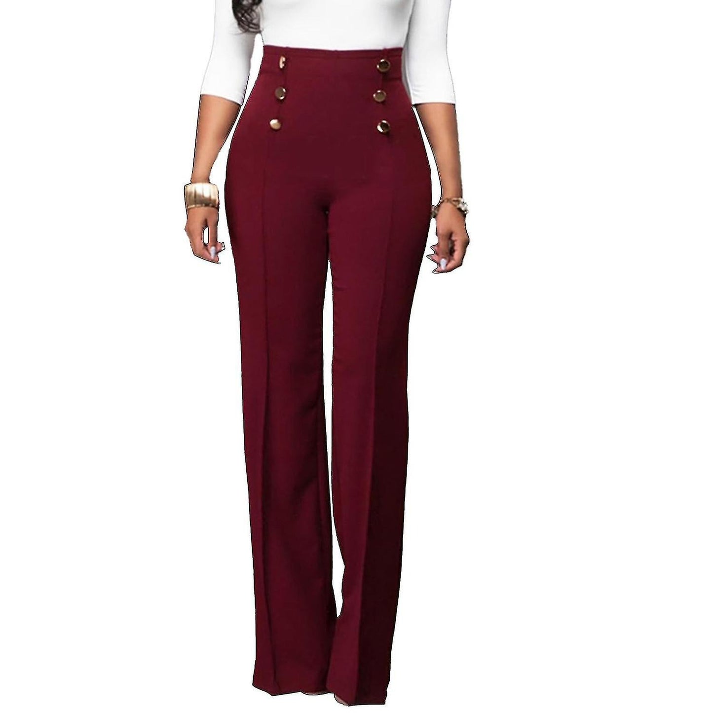 Elegante Hoge Taille Dames Broek in Bordeaux met Knopen