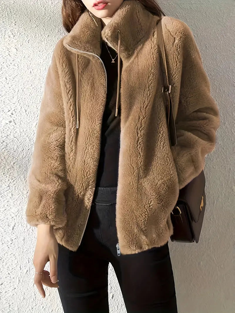 Luxe Warme Dames Fleece Jas Met Opstaande Kraag en Rits Sluiting