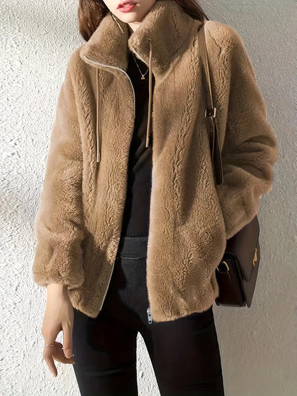 Luxe Warme Dames Fleece Jas Met Opstaande Kraag en Rits Sluiting