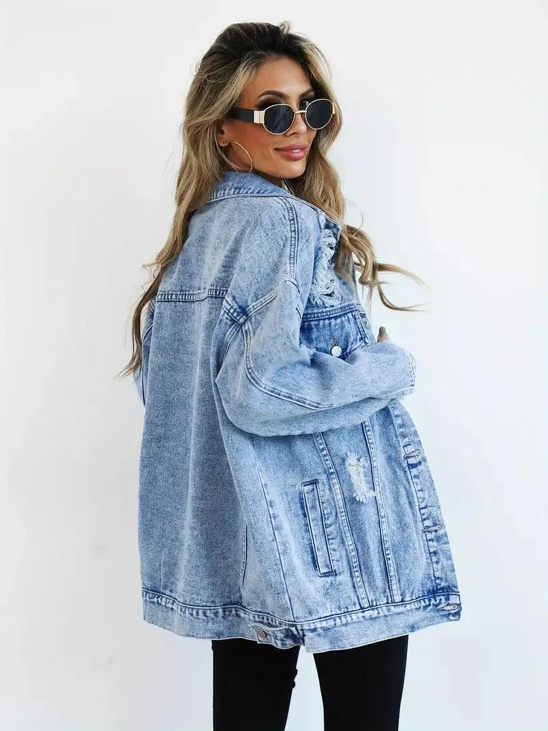 Dames Oversized Denim Jas met Stoere Look en Drukknoopsluiting