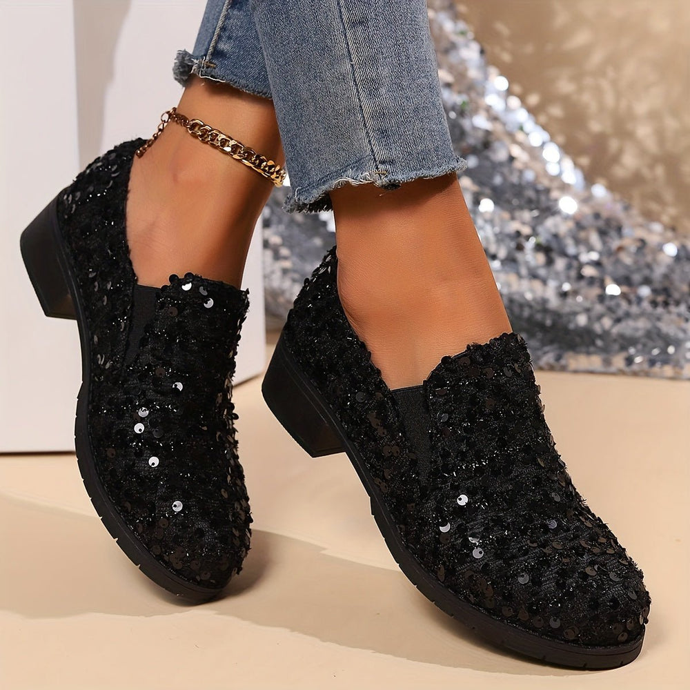 Glanzende Pailletten Dames Loafers met Blokhak en Elastische Inzet
