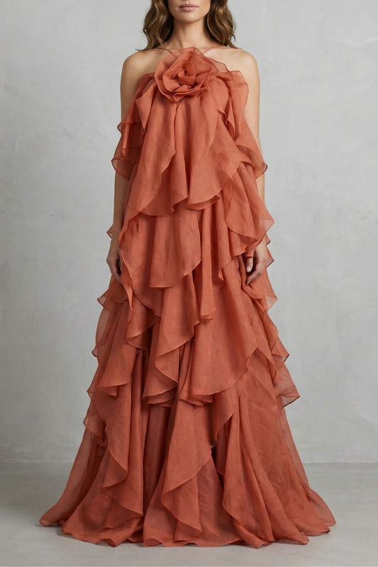 Zwierende Chiffon Dames Galajurk met Volant Lagen en Rozet Detail