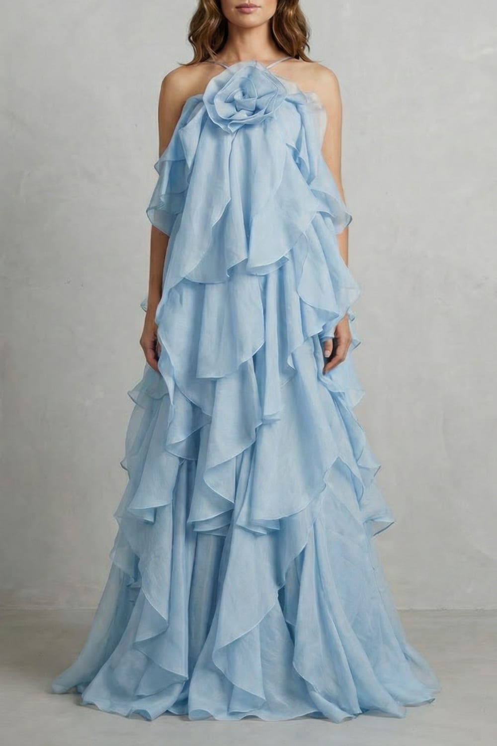 Zwierende Chiffon Dames Galajurk met Volant Lagen en Rozet Detail