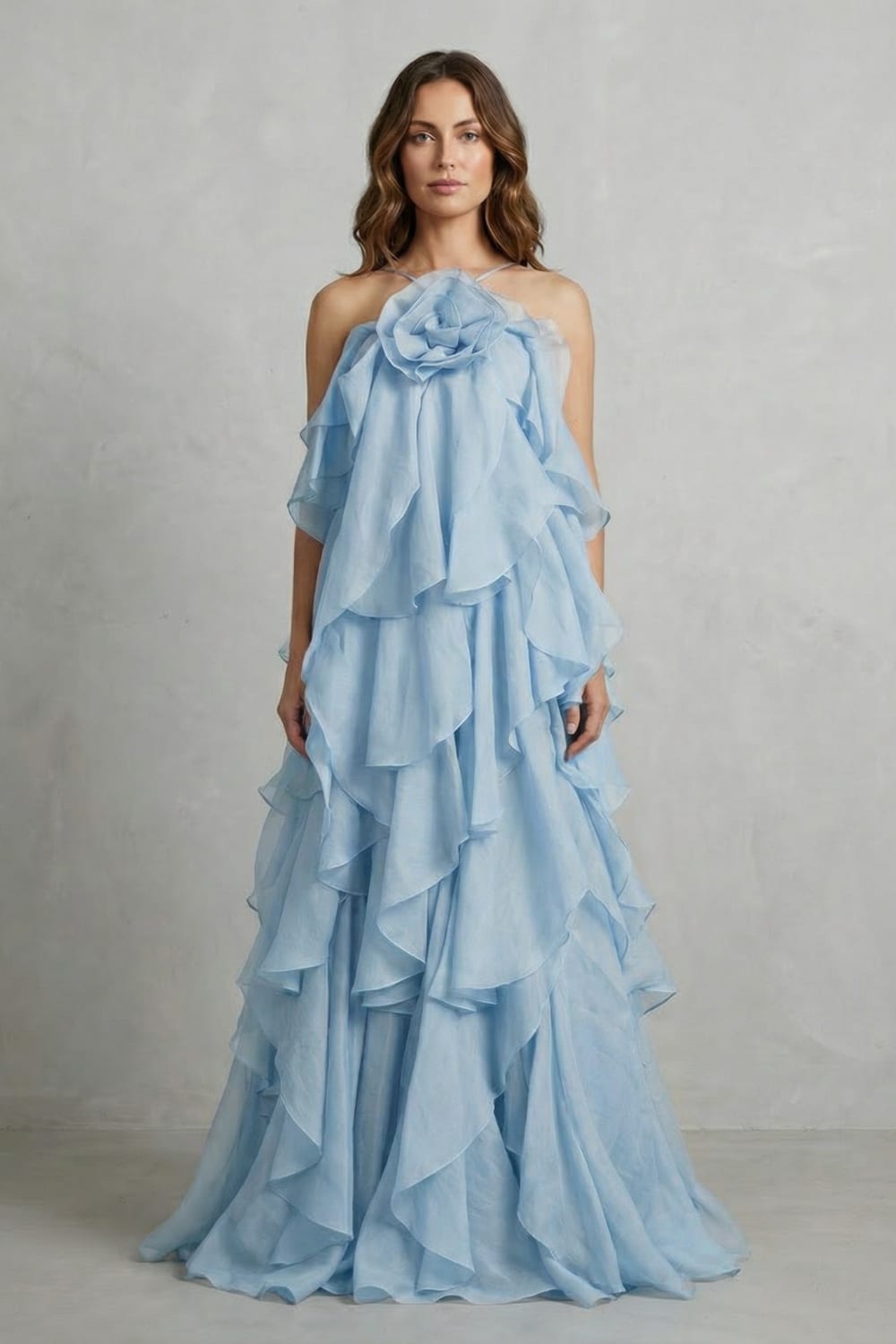 Zwierende Chiffon Dames Galajurk met Volant Lagen en Rozet Detail