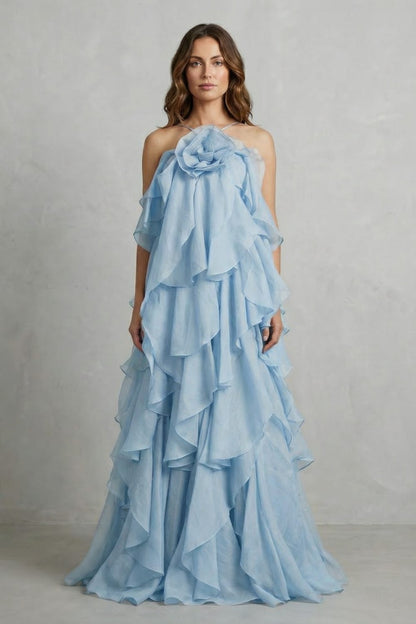 Zwierende Chiffon Dames Galajurk met Volant Lagen en Rozet Detail