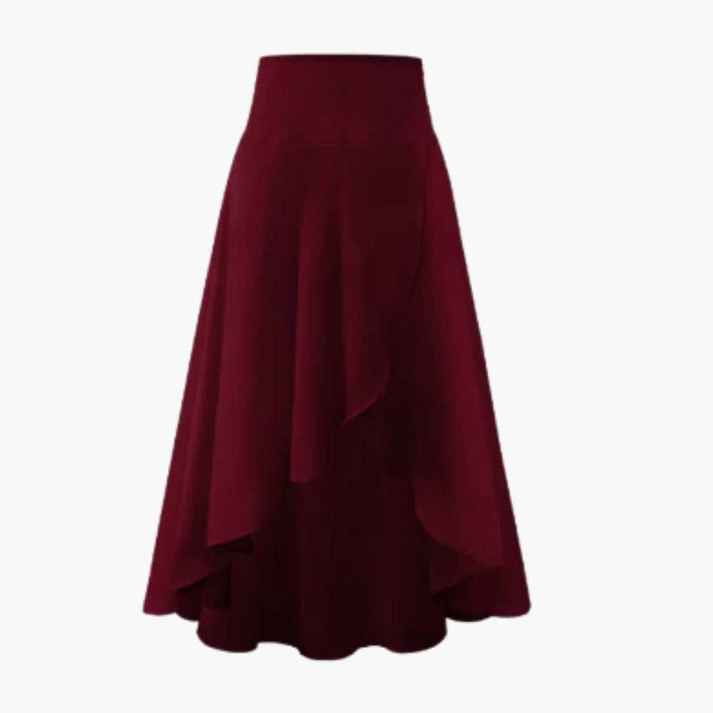 Hoge Taille A-Lijn Dames Midi Rok met Gelaagde Voorpand en Wijde Zoom