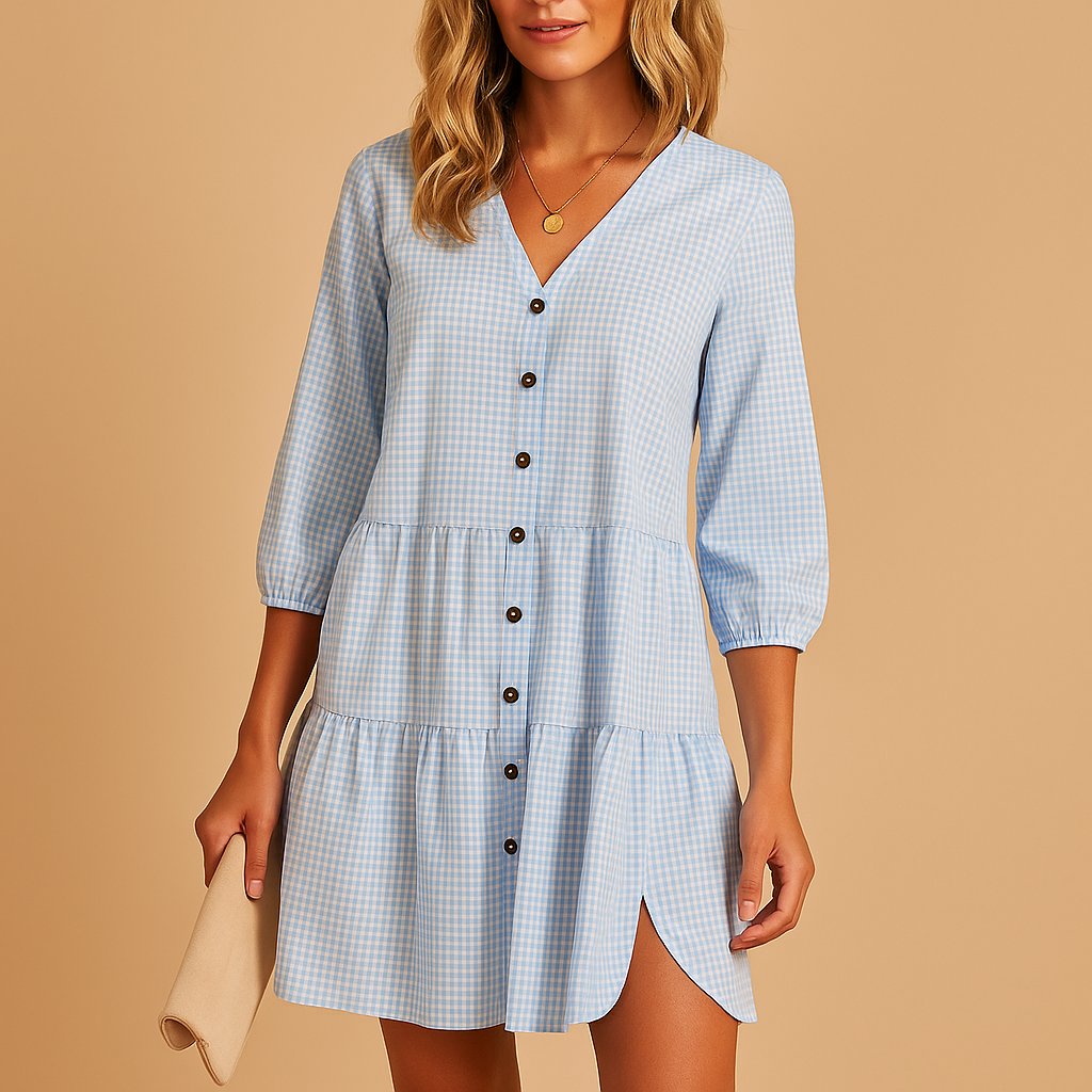 Elegante blauwe zomerjurk in midi-lengte met driekwart mouwen, ideaal voor werk, diner of zomerse gelegenheid