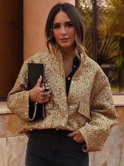 Stijlvolle Gouden Elegante Dames Bomberjack met Pailletten