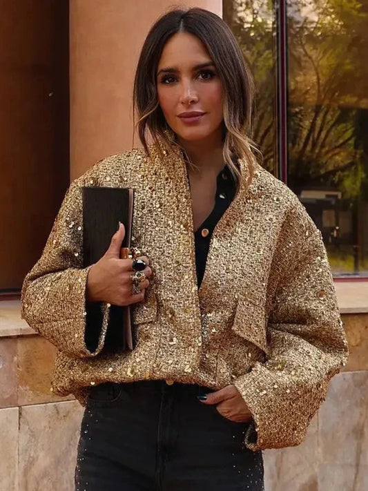 Stijlvolle Gouden Elegante Dames Bomberjack met Pailletten