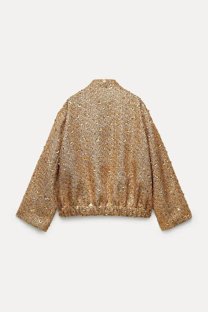 Stijlvolle Gouden Elegante Dames Bomberjack met Pailletten