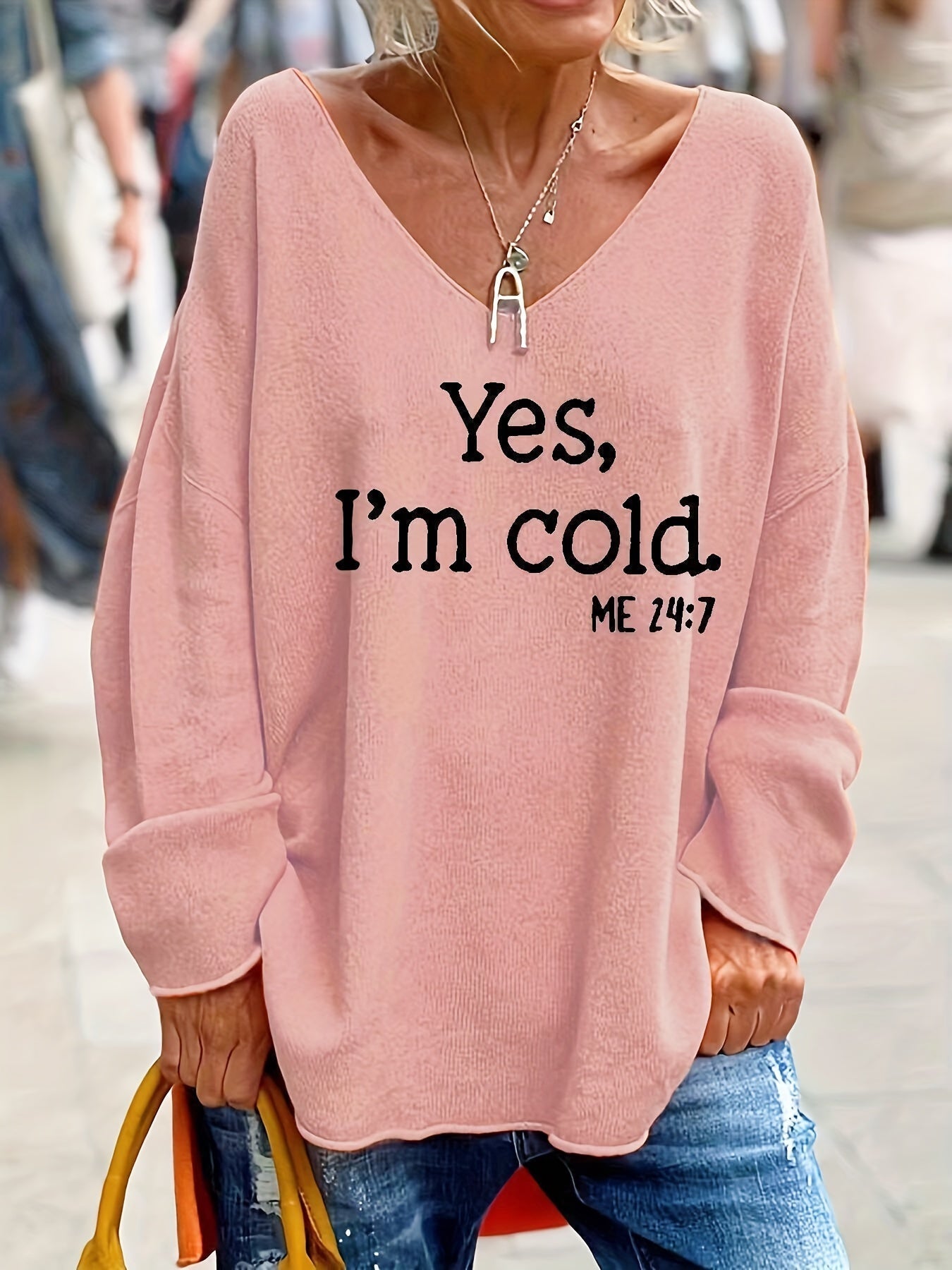 Trendy Oversized Dames Trui met V-Hals en Print