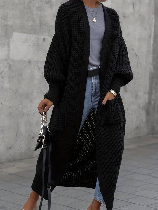 Luxe Gebreid Oversized Zwart Dames Lang Vest met Zakken