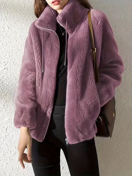 Luxe Warme Dames Fleece Jas Met Opstaande Kraag en Rits Sluiting