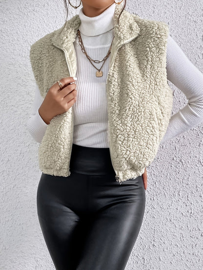 Warme teddy dames bodywarmer met rits en hoge kraag