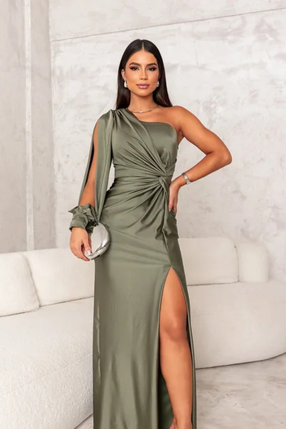Lyca | Asymmetric Satin Evening Dress with Draping Gala Gown