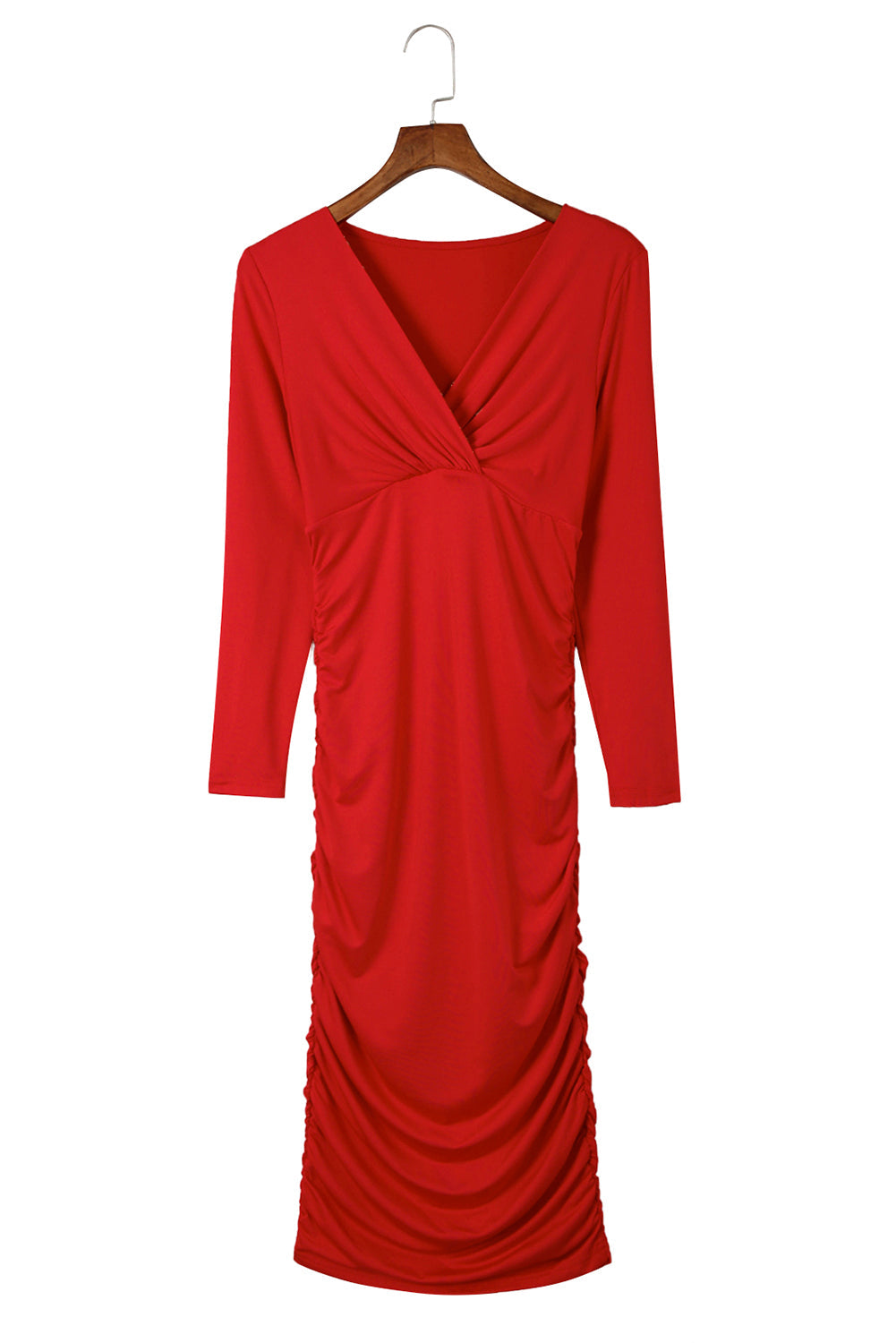 Rood Midi Jurk voor Dames met Lange Mouwen en V-hals