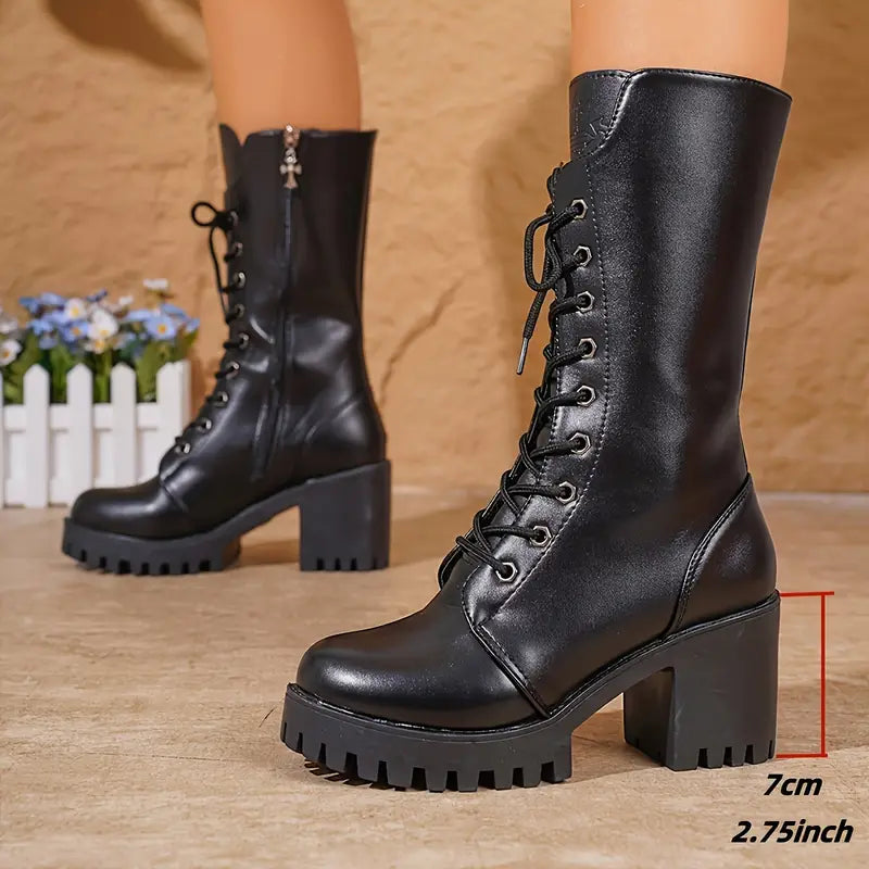 Trendy Dames Zwarte Combat Knielaarzen met Veters en Chunky Hak