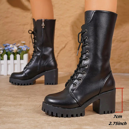 Trendy Dames Zwarte Combat Knielaarzen met Veters en Chunky Hak