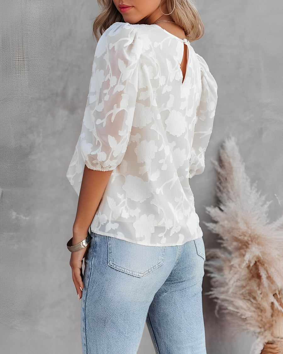 Luchtige Elegante Dames Bloemen Blouse Met Pofmouwen