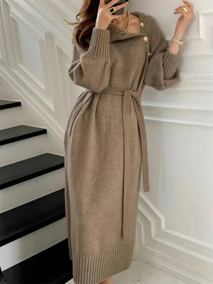 Elegante Comfortabele Dames Sweater Jurk Met Ceintuur