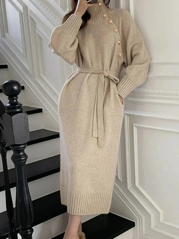 Elegante Comfortabele Dames Sweater Jurk Met Ceintuur