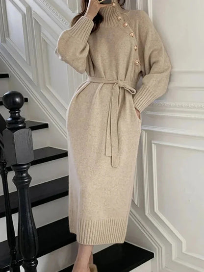 Elegante Comfortabele Dames Sweater Jurk Met Ceintuur