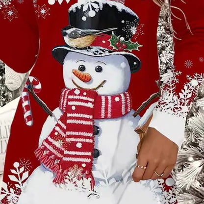 Speelse Dames Kerstjurk met Sneeuwpopprint en Lange Mouwen