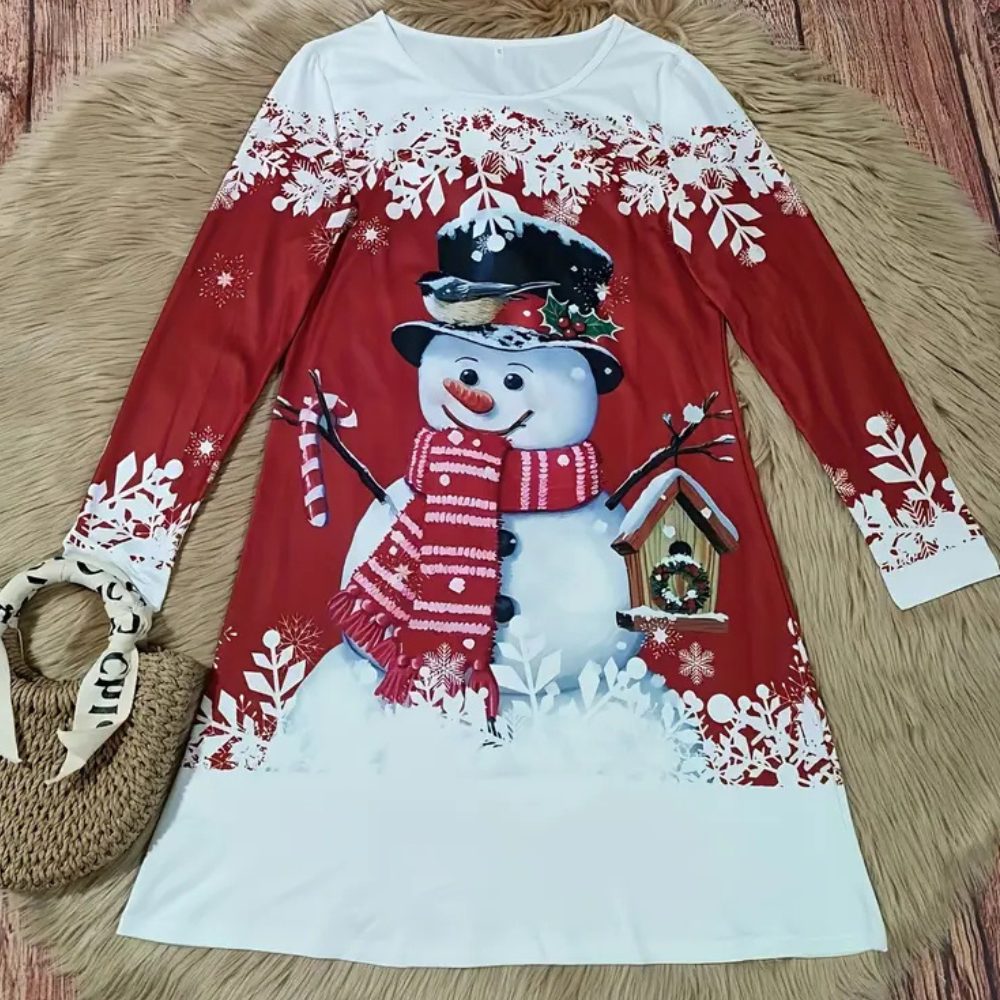 Speelse Dames Kerstjurk met Sneeuwpopprint en Lange Mouwen