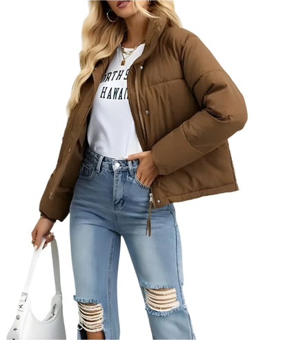 Trendy Warme Dames Puffer Jas met Rits en Hoge Kraag