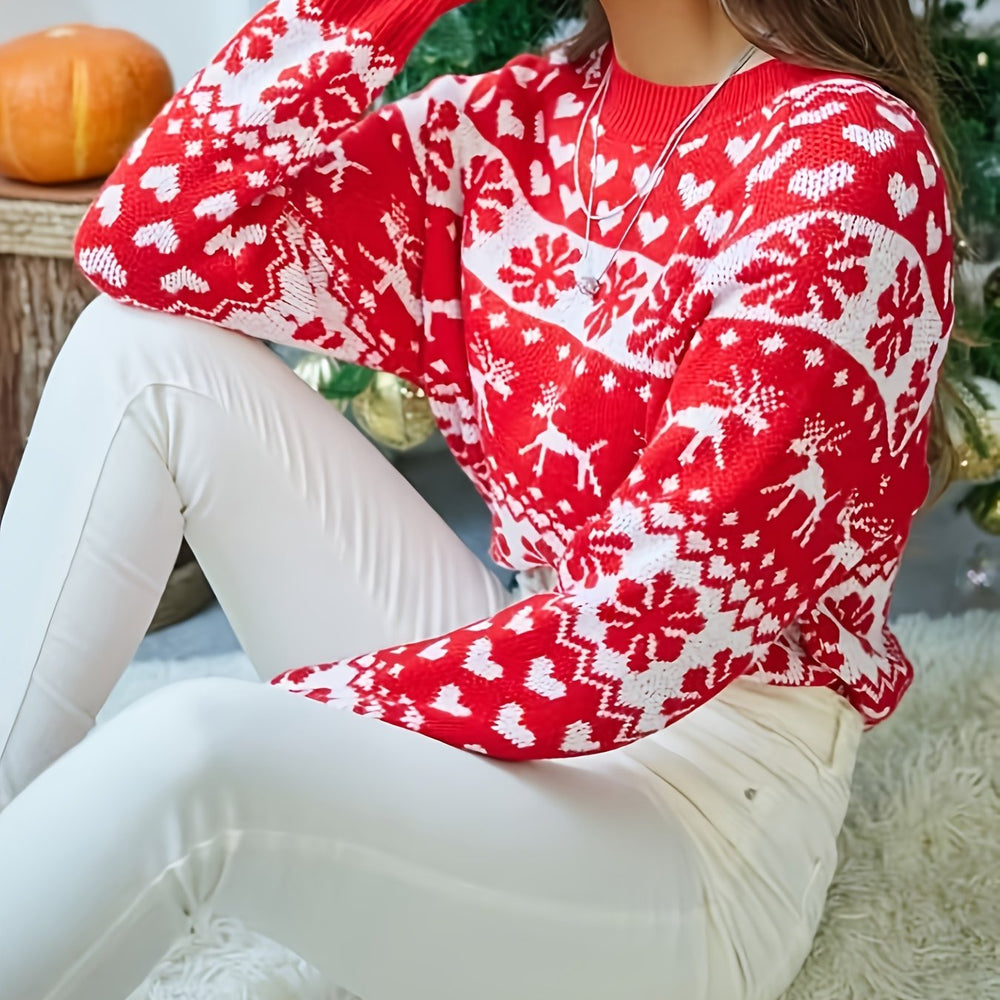 Gebreide Dames Kerst Sweater met Rendiermotief en Ribboorden