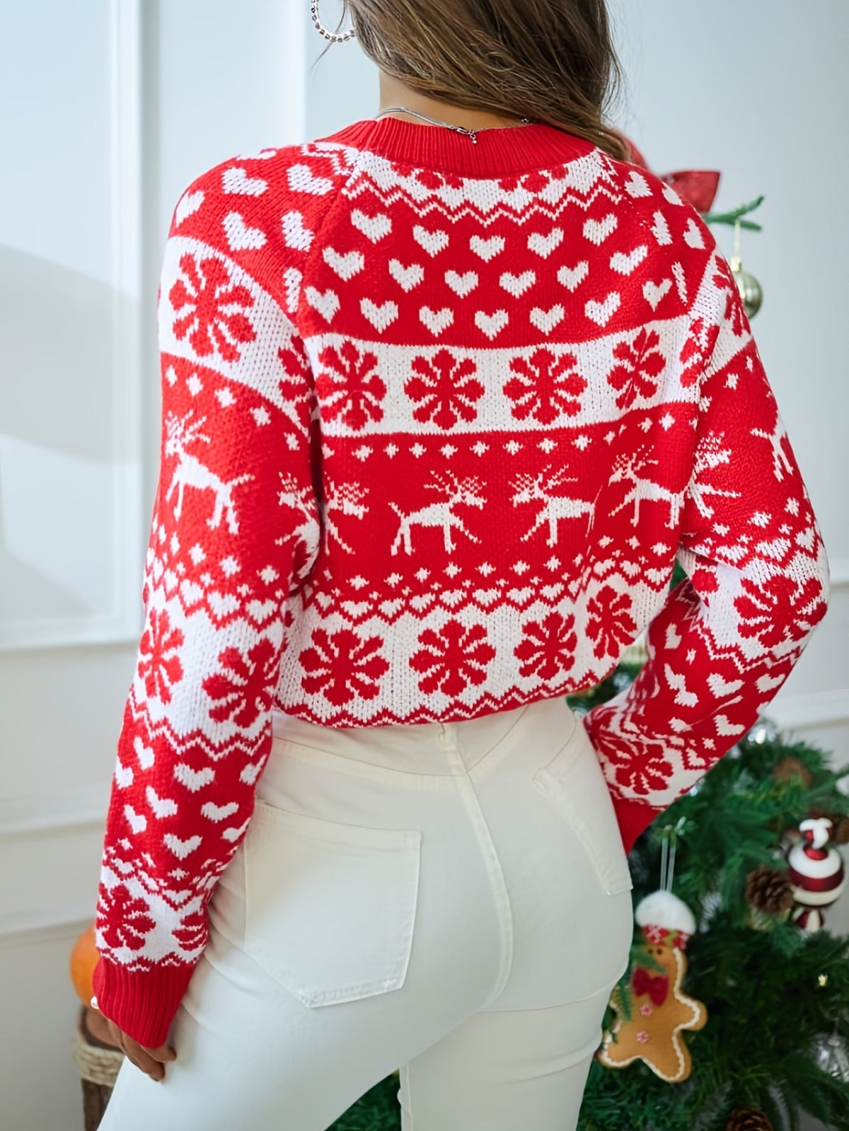 Gebreide Dames Kerst Sweater met Rendiermotief en Ribboorden