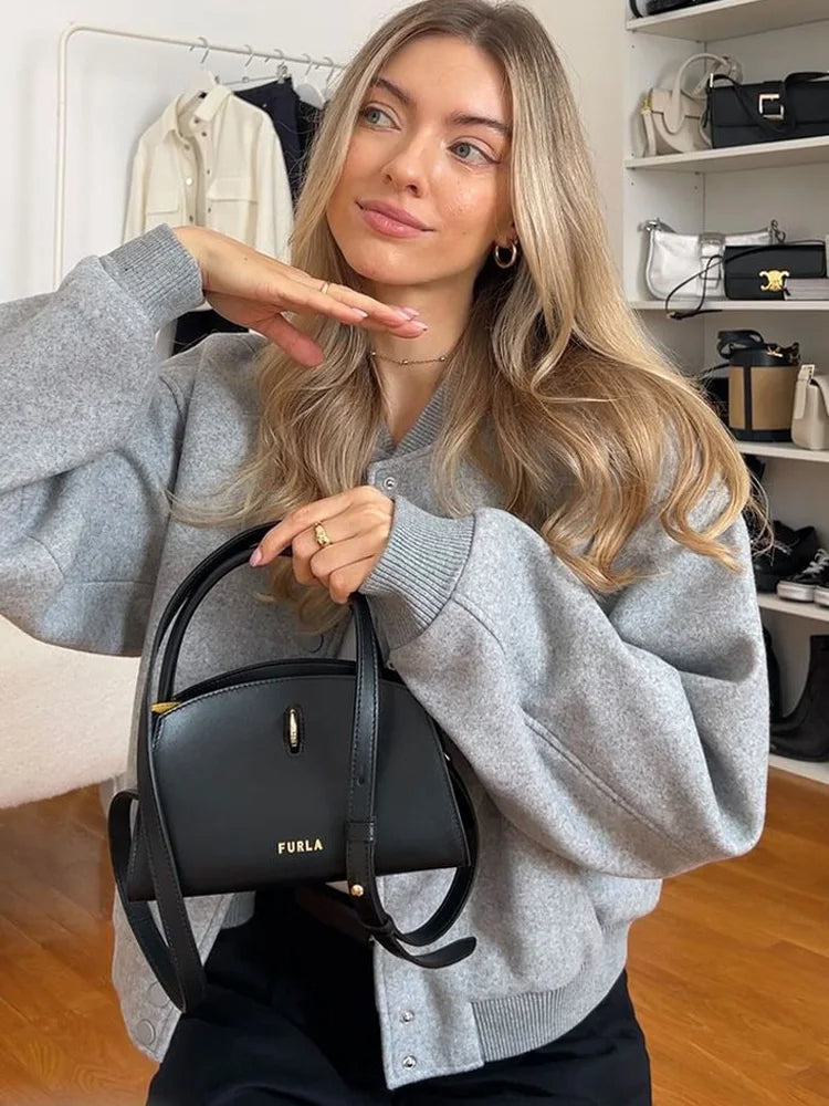 Stylish Women's Cropped Bomber Jacket with Snap Buttons