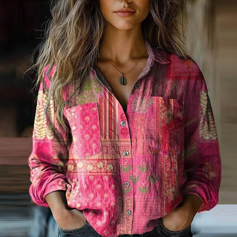 Bohemian Vintage Dames Blouse met Puntkraag en Borstzakken