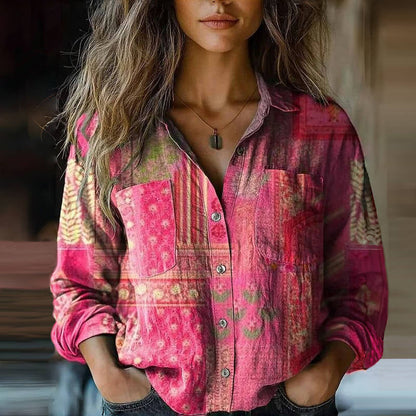 Bohemian Vintage Dames Blouse met Puntkraag en Borstzakken