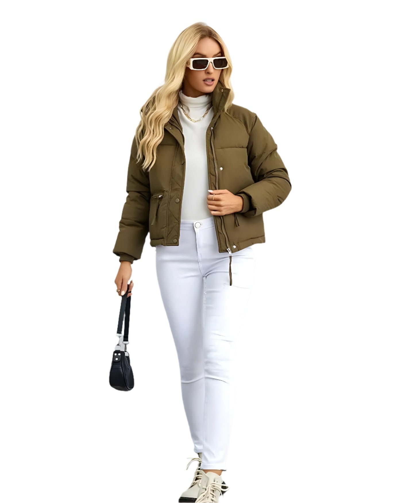 Trendy Warme Dames Puffer Jas met Rits en Hoge Kraag