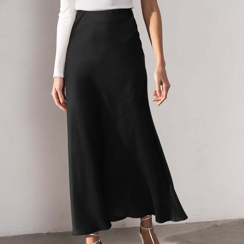 Satijnen Dames Midi Rok met Hoge Taille en Wijd Uitlopende Zoom