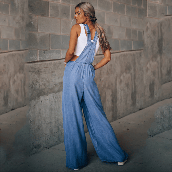 Trendy Dames Denim Jumpsuit Met Wijde Pijpen En Bretels