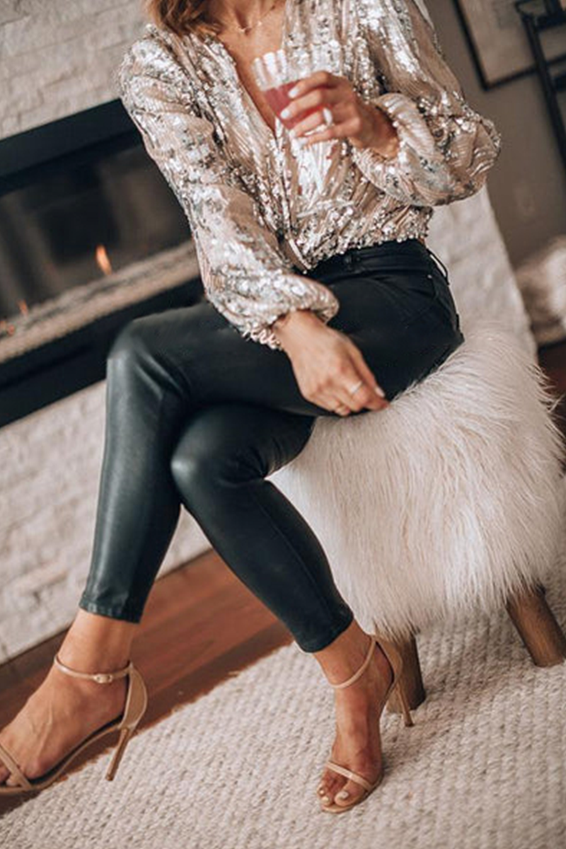 Glanzende Pailletten Dames Blouse met V-Hals en Lange Mouwen