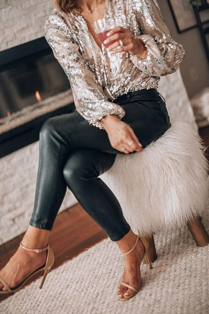 Glanzende Pailletten Dames Blouse met V-Hals en Lange Mouwen