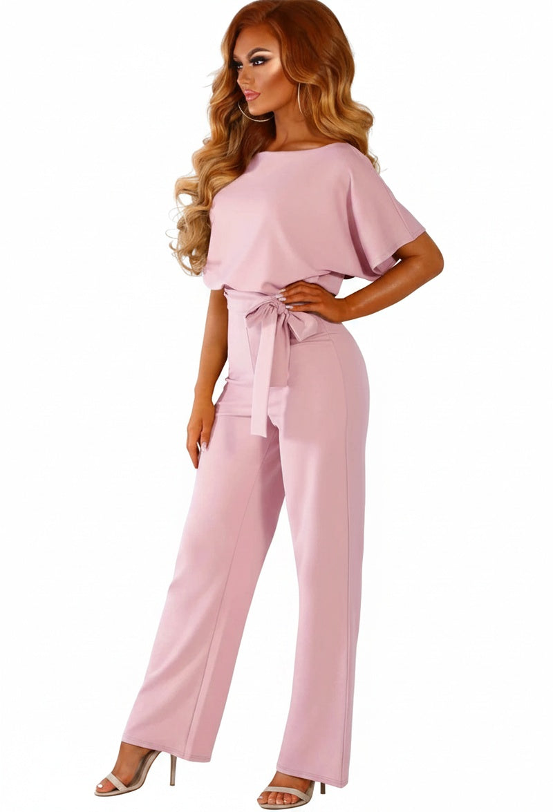 Dames Jumpsuit Korte Mouw met Boothals en Strikceintuur