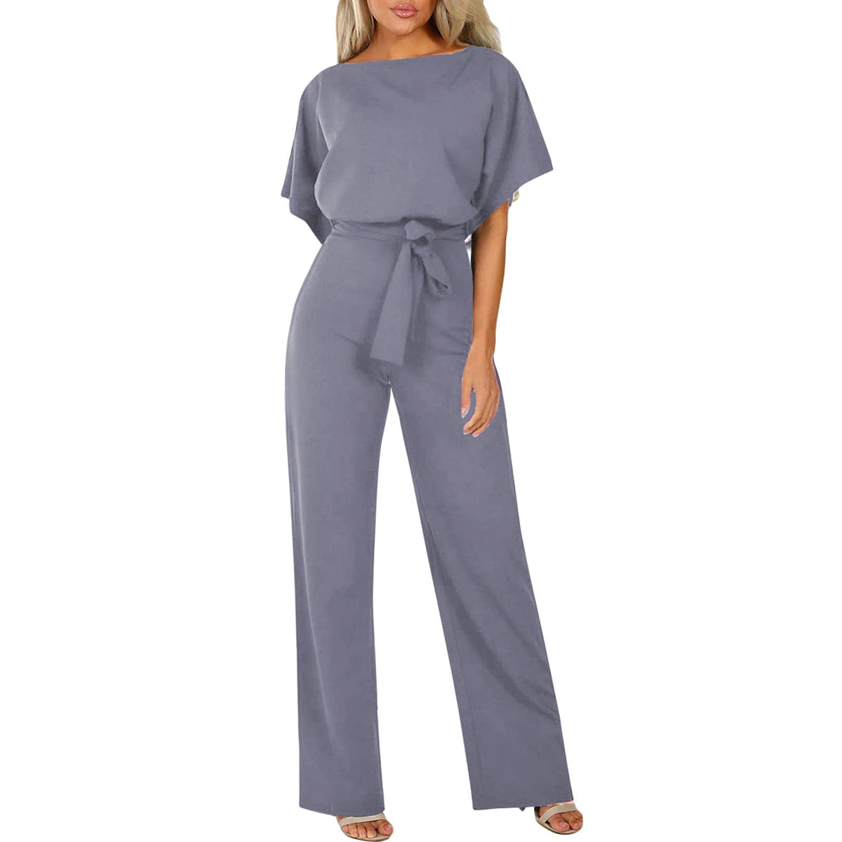 Dames Jumpsuit Korte Mouw met Boothals en Strikceintuur Grijs