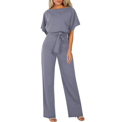 Dames Jumpsuit Korte Mouw met Boothals en Strikceintuur Grijs